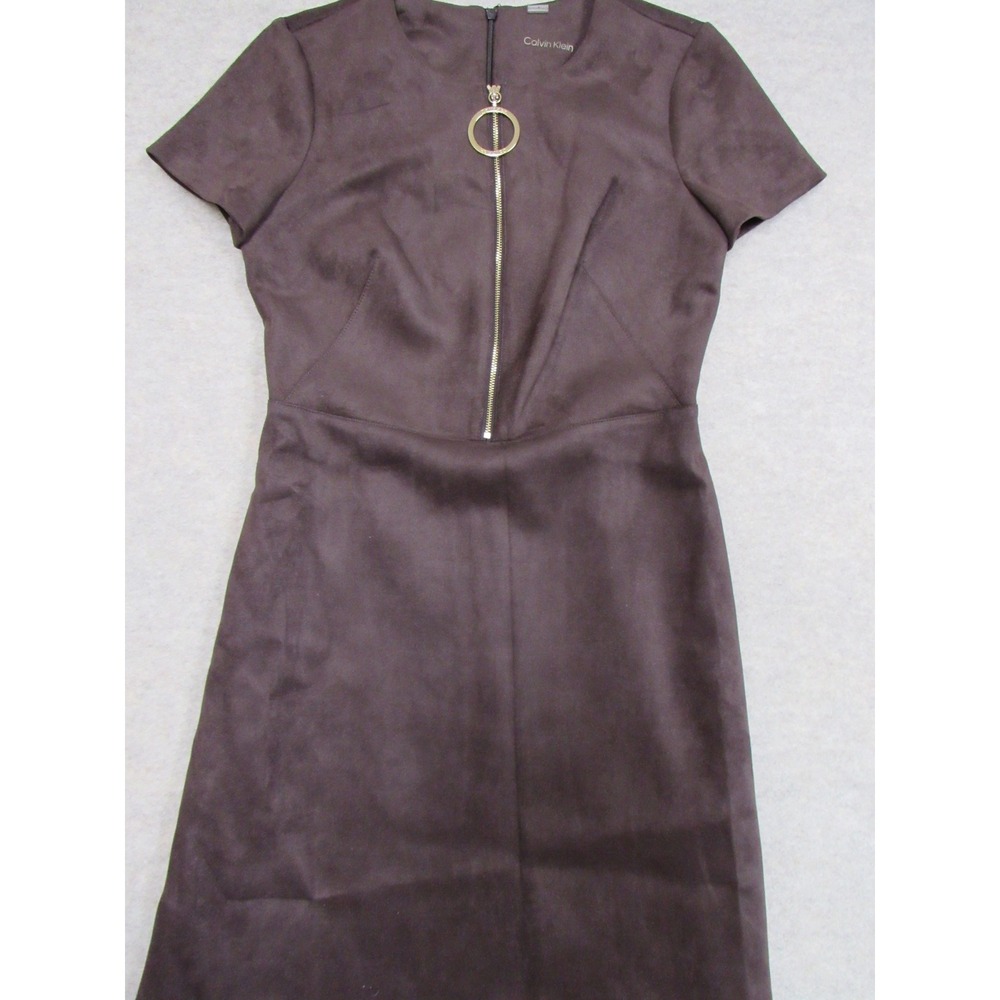 Calvin Klein Brown Faux Suede Ring Zip Dress Short Sleeve CD8J1F55 Size 4 - Picture 2 of 9